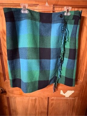 Talbots Blue and Green Plaid Mini Wrap Skirt with Fringe